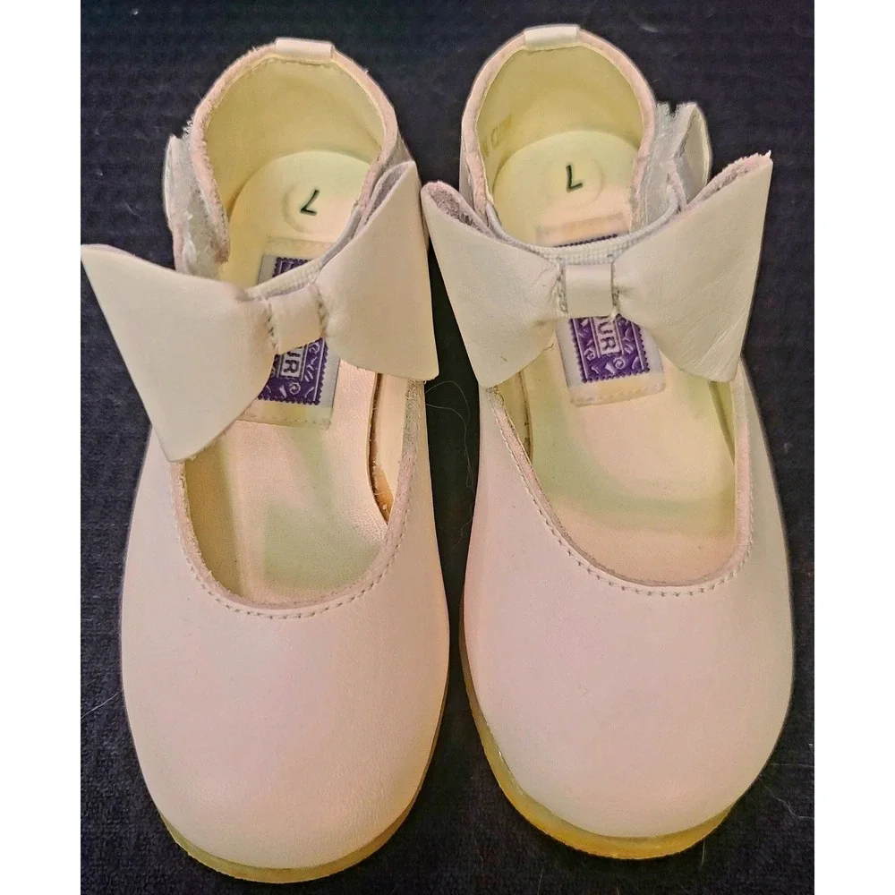 L'Amour Girls Pink Leather Bow Mary Jane Shoes Toddler Size 7 Dress Flats